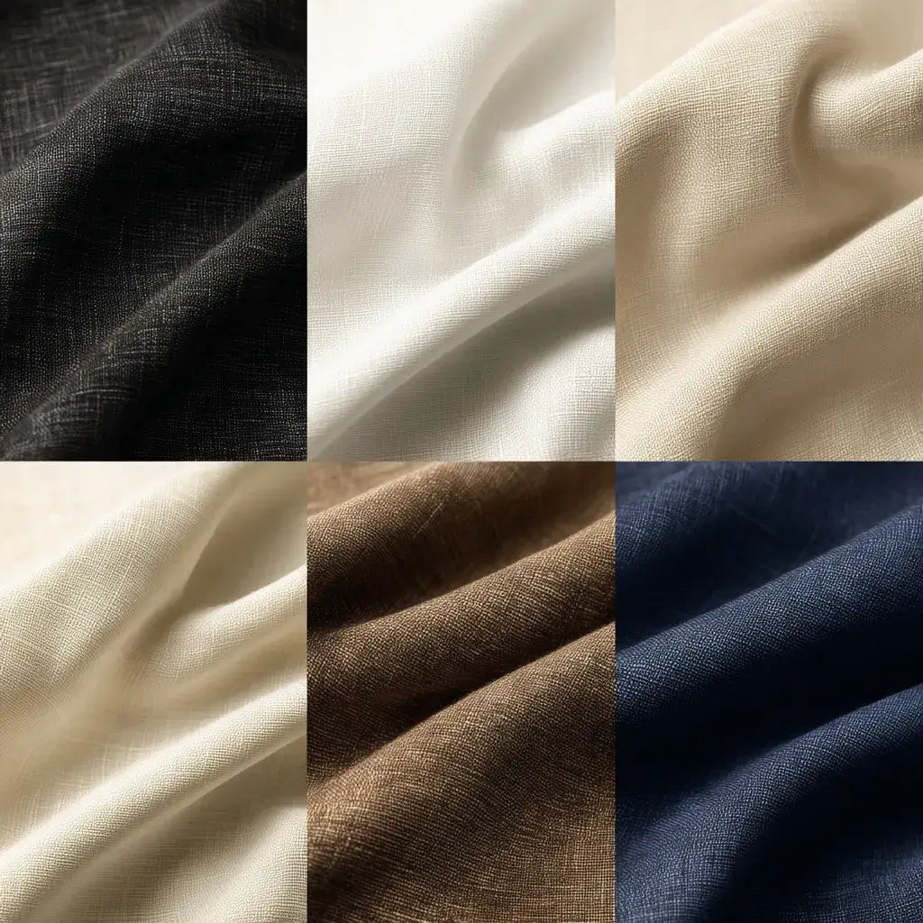 Fabric palette showing safe color choices for a leopard suit: black, white, cream, beige, dark brown, and deep navy in a luxury menswear editorial style.