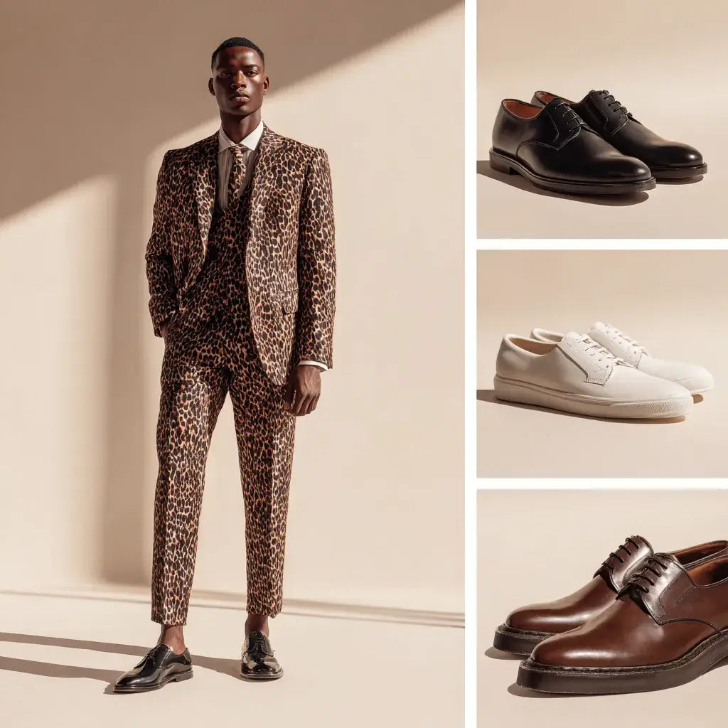 Luxury menswear editorial collage showing a leopard print suit styled with black dress shoes, black loafers, Chelsea boots, white sneakers, and brown leather shoes.