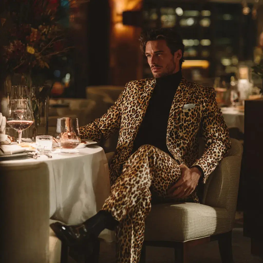 A man wearing a leopard print suit at a stylish dinner date in a luxury restaurant