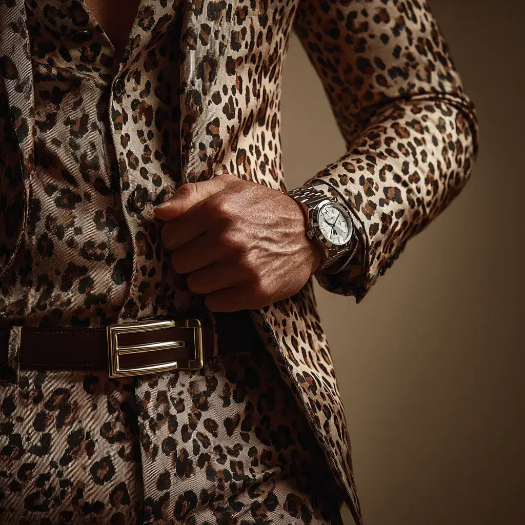 Close-up of a man wearing a leopard print suit with a watch and belt buckle highlighted
