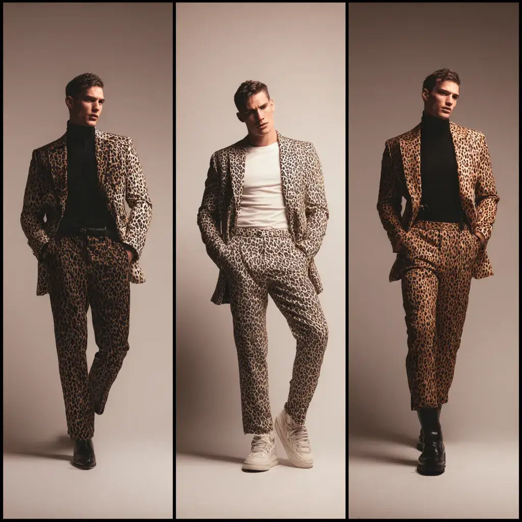 Three styling ideas for a leopard suit: black shirt with loafers, white T-shirt with sneakers, and turtleneck with boots