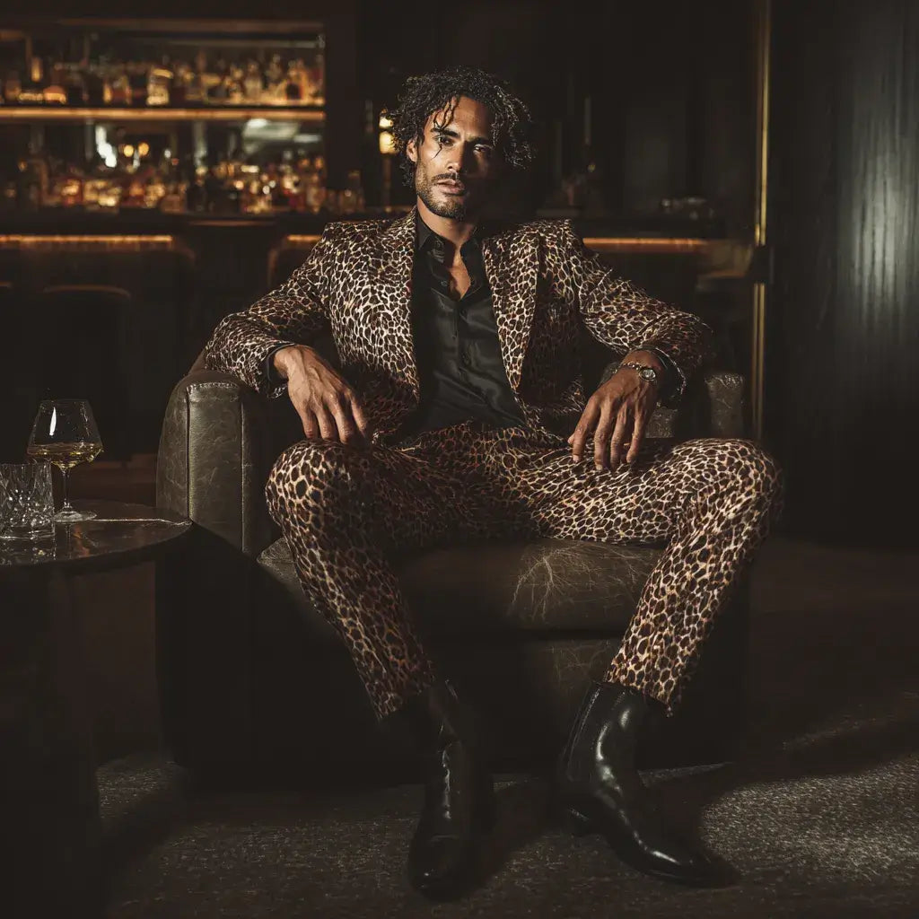A man wearing a leopard print suit at a stylish night out in a luxury bar