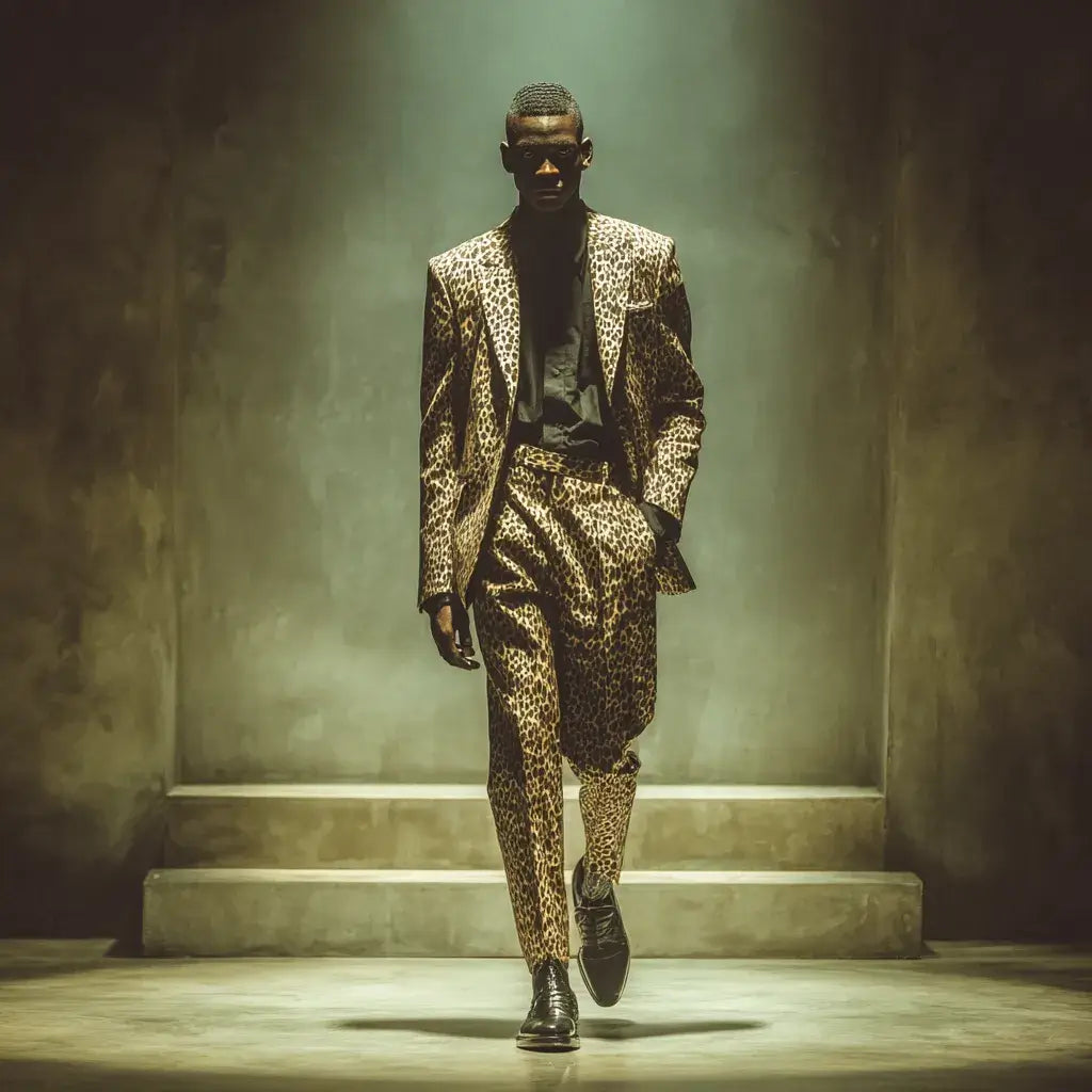 A man wearing a leopard print suit walking down steps in a dramatic stage-like setting.