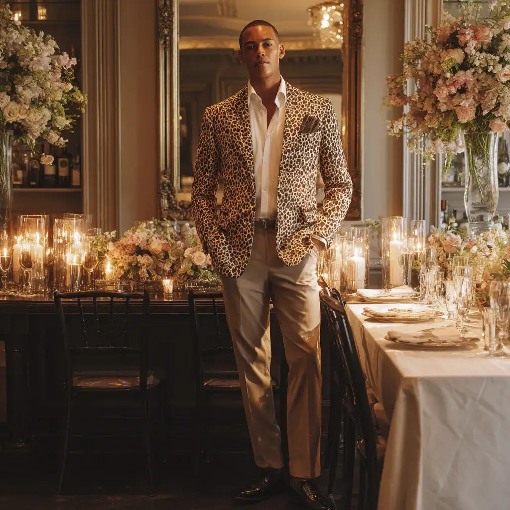 A man wearing a leopard print blazer and solid trousers at a formal wedding celebration.