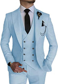 Load image into Gallery viewer, light blue double-breasted men's 3 piece suit – slim fit blazer, vest, and trousers for wedding or prom