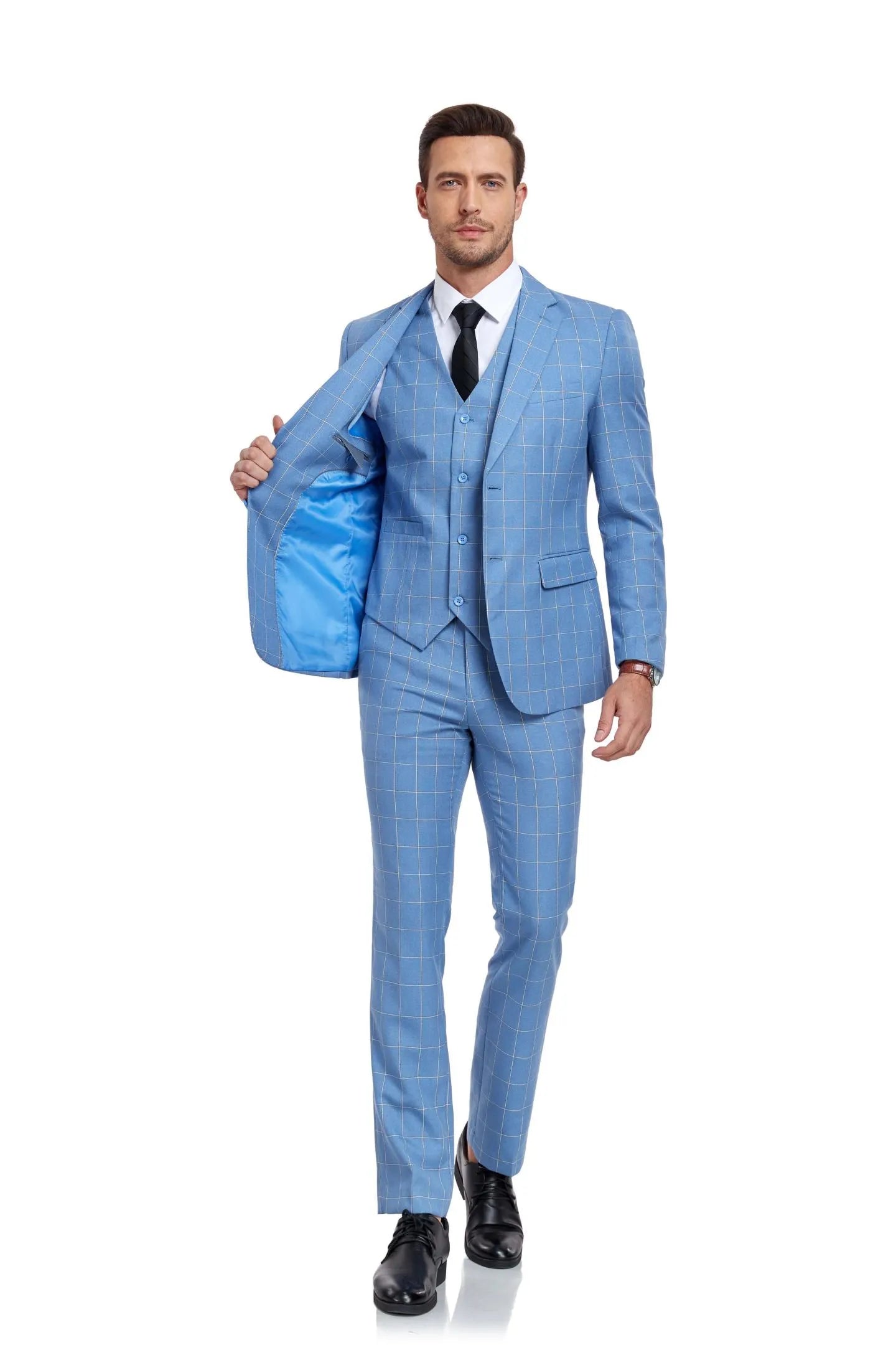 light blue slim fit 3-piece plaid suit set – model with open jacket, showcasing vest and trousers