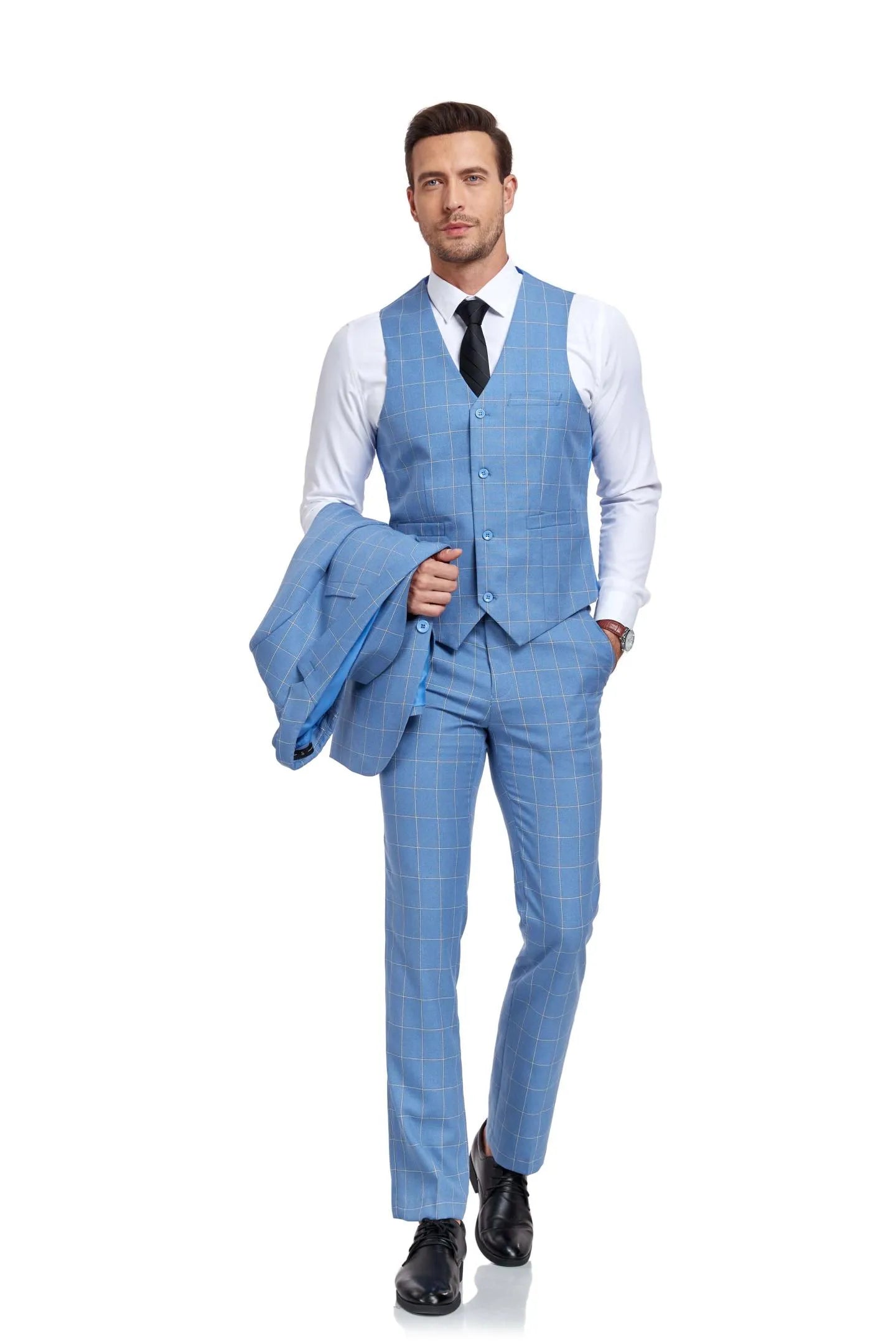 light blue slim fit 3-piece plaid suit set – model holding jacket, showing vest and trousers