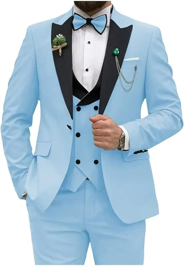 light blue slim fit tuxedo suit for prom with chain and boutonniere