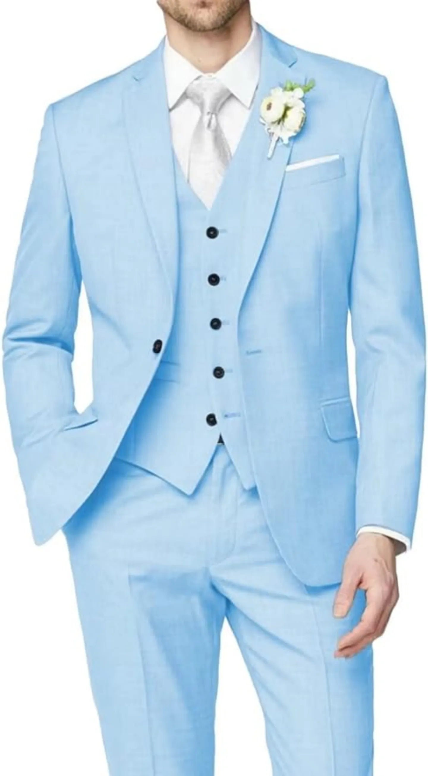 front view of light blue wedding groomsmen 3 piece men's suit with tailored blazer, buttoned vest, slim trousers, white shirt, and silver tie with boutonniere