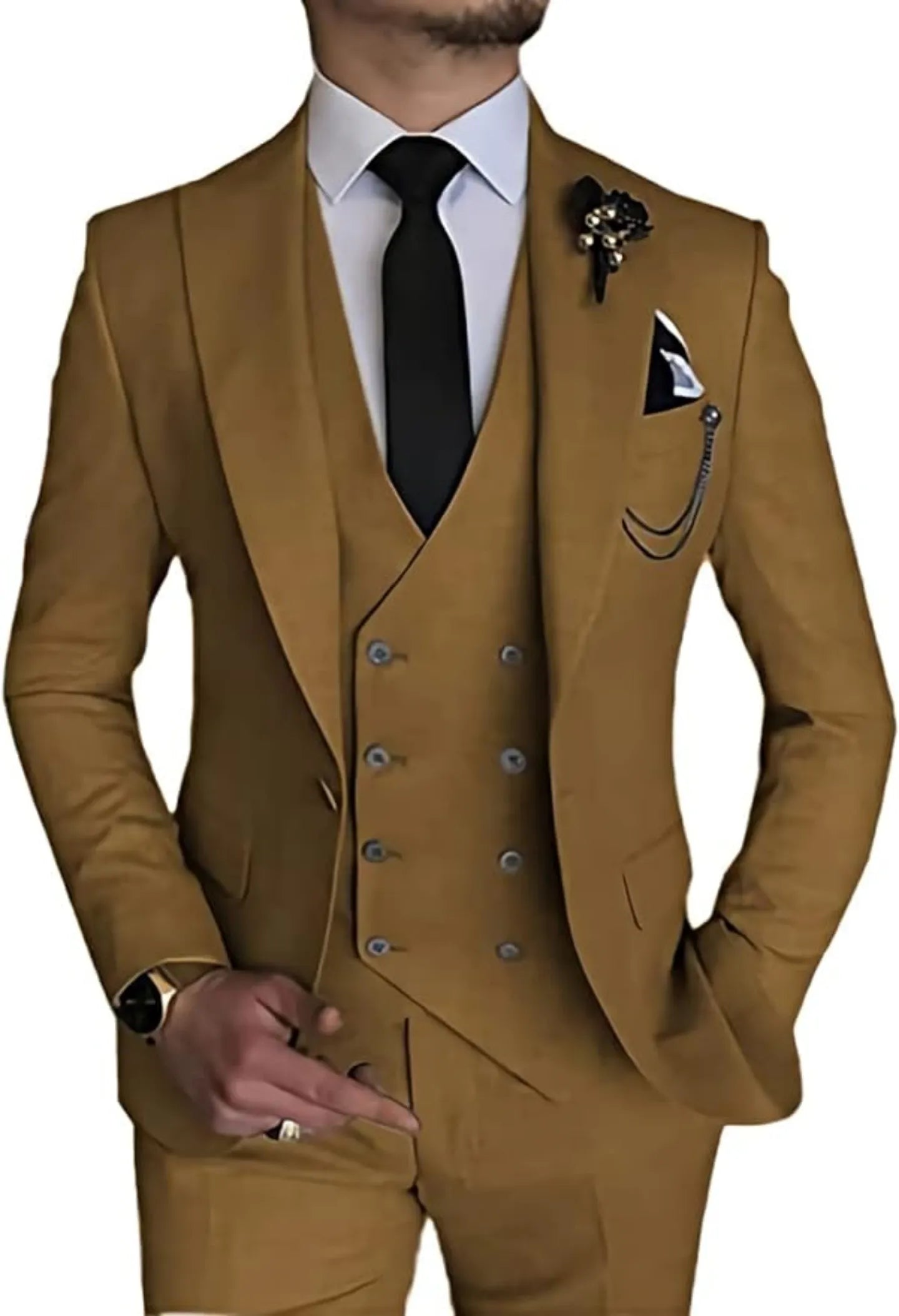 front view of men's light brown double-breasted one-button 3 piece suit with slim blazer, vest, and trousers for formal wedding attire