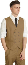 Load image into Gallery viewer, men's light brown double-breasted vest with peak lapel and matching trousers – styled with white shirt and black tie