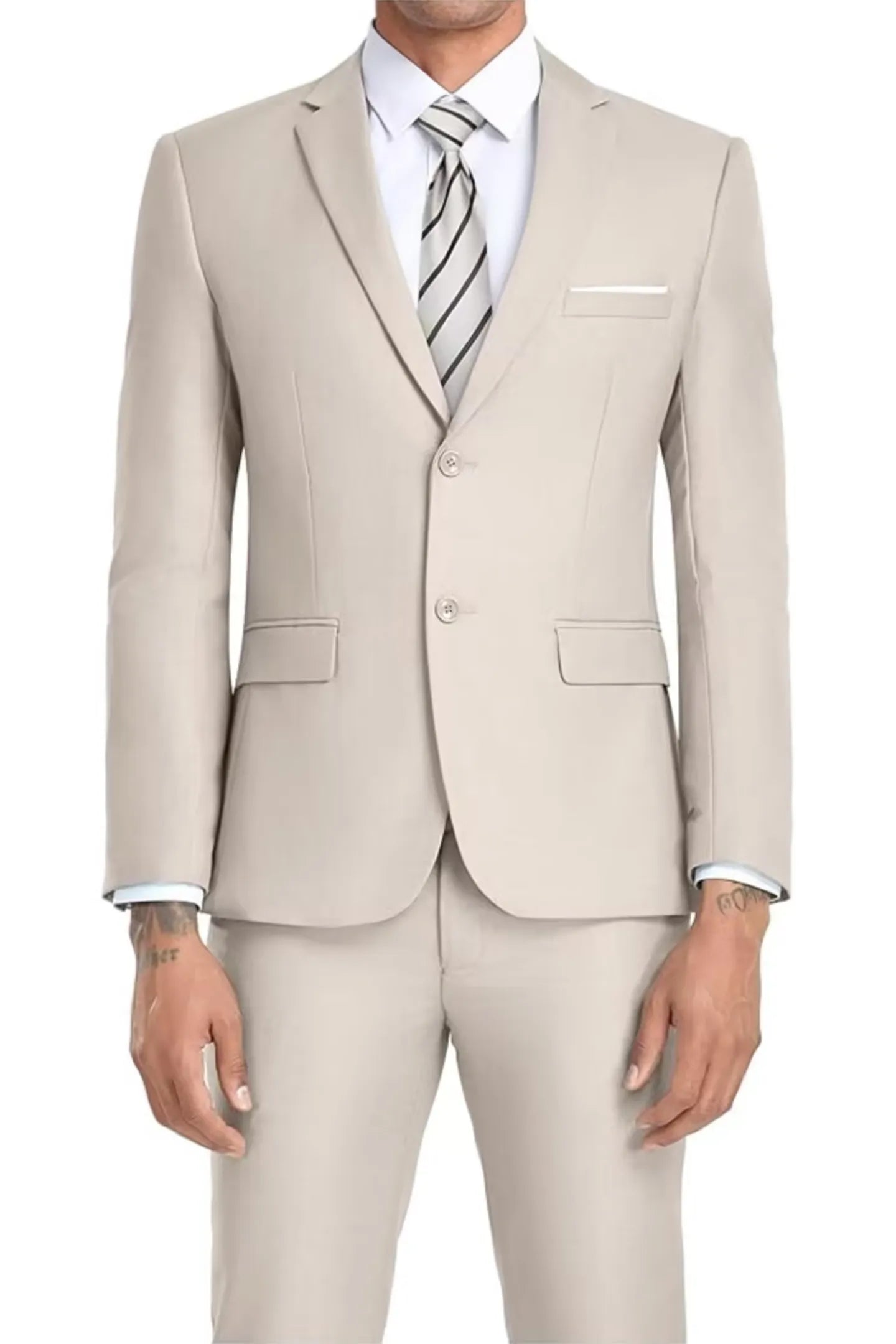 light champagne slim fit men's two-piece suit – refined style, perfect for grooms at outdoor ceremonies and stylish weddings.