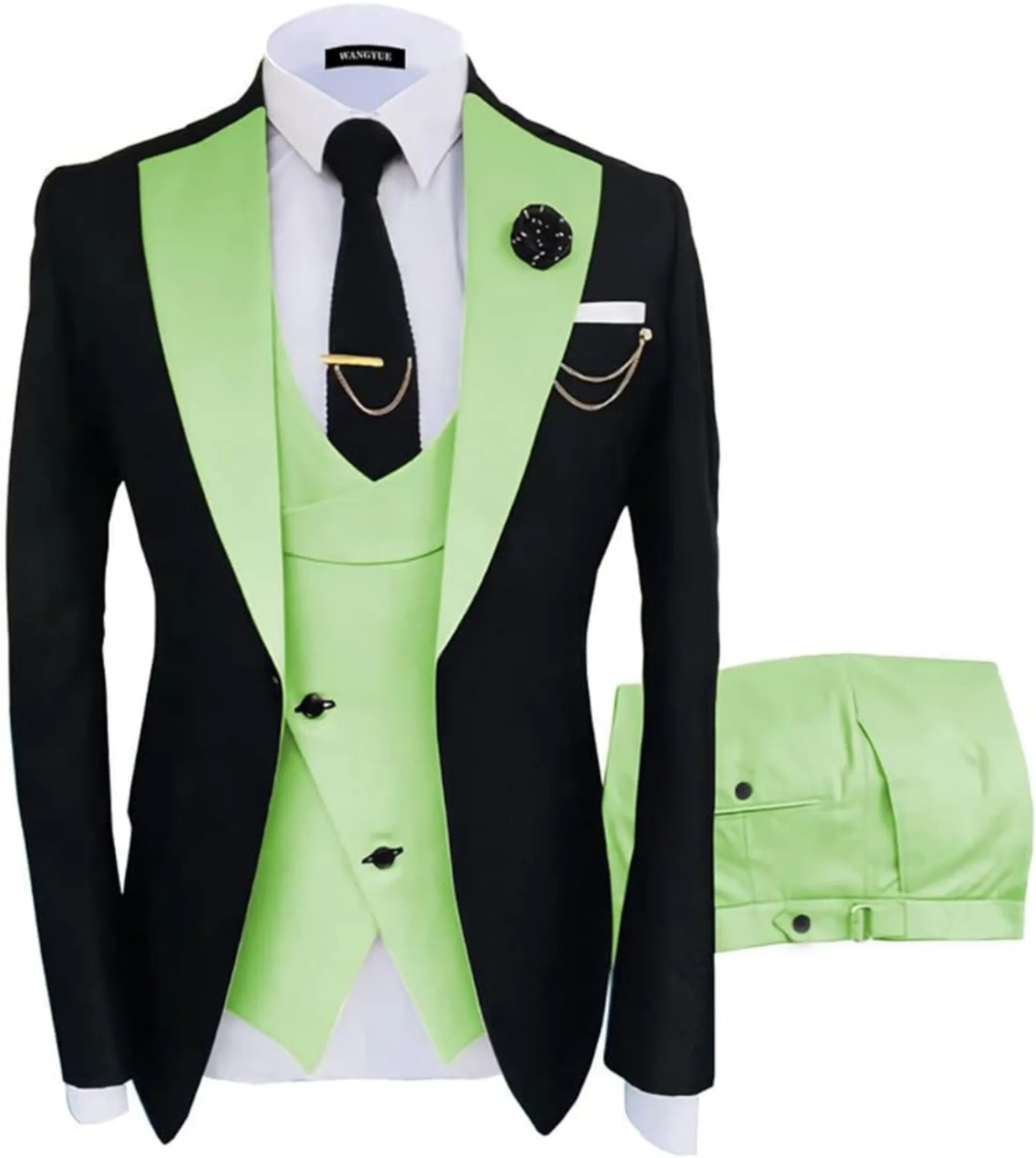 fashion slim fit wedding prom suit: light green & black contrast 3-piece set, green trousers, gold tie clip, formal occasion wear with accessories
