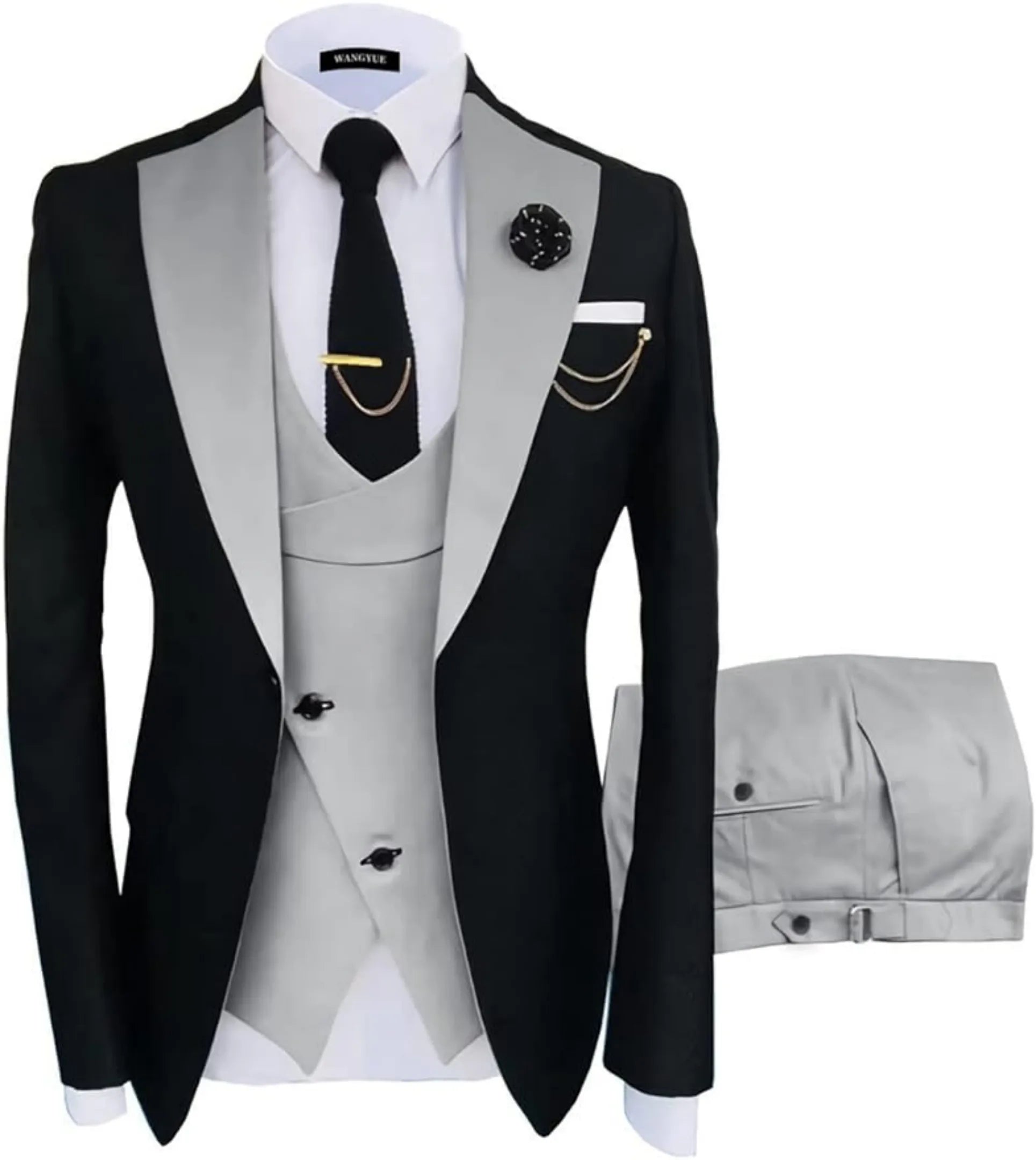 fashion slim fit wedding prom suit: light grey & black contrast 3-piece set, grey trousers, gold tie clip, formal occasion wear with accessories