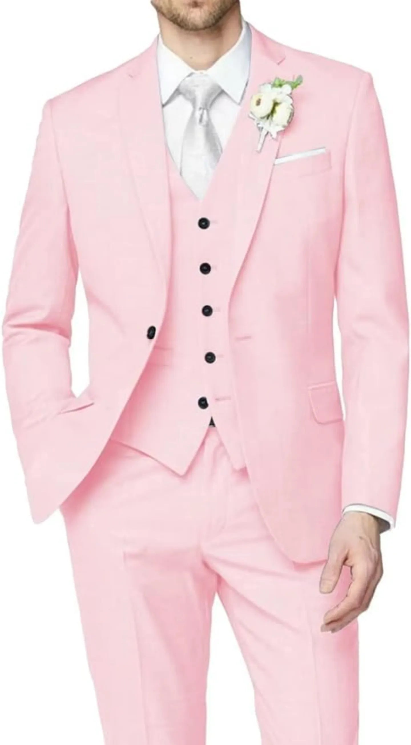 front view of light pink wedding groomsmen 3 piece men's suit with tailored blazer, buttoned vest, slim trousers, white shirt, and silver tie with boutonniere