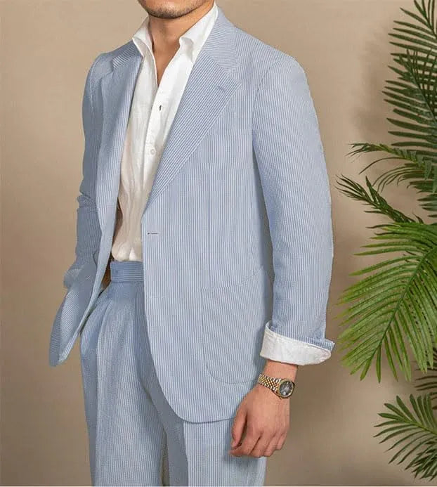 light blue seersucker blazer and shorts set for men – classic summer tailoring front view