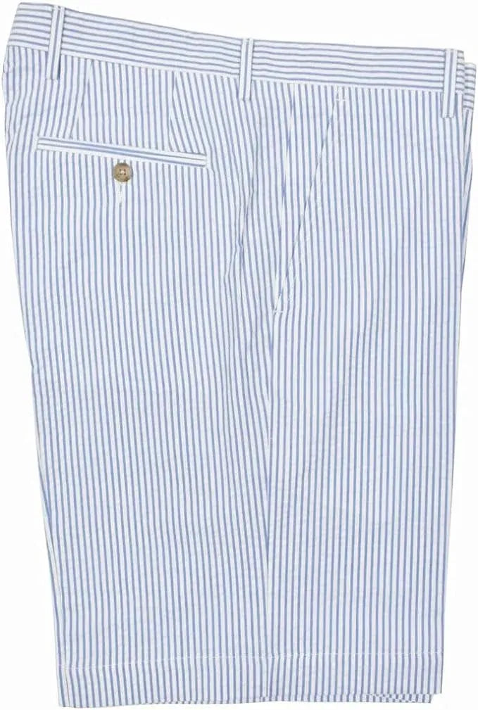 light blue seersucker tailored shorts close-up – breathable summer wear for men