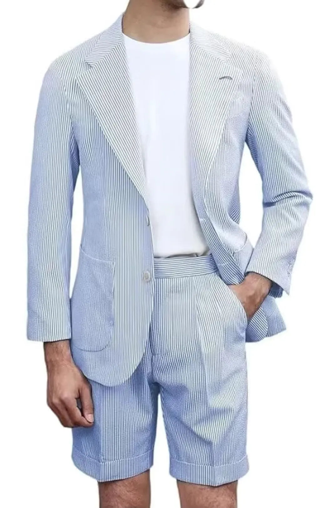 light blue striped seersucker shorts suit for men – lightweight summer blazer with shorts