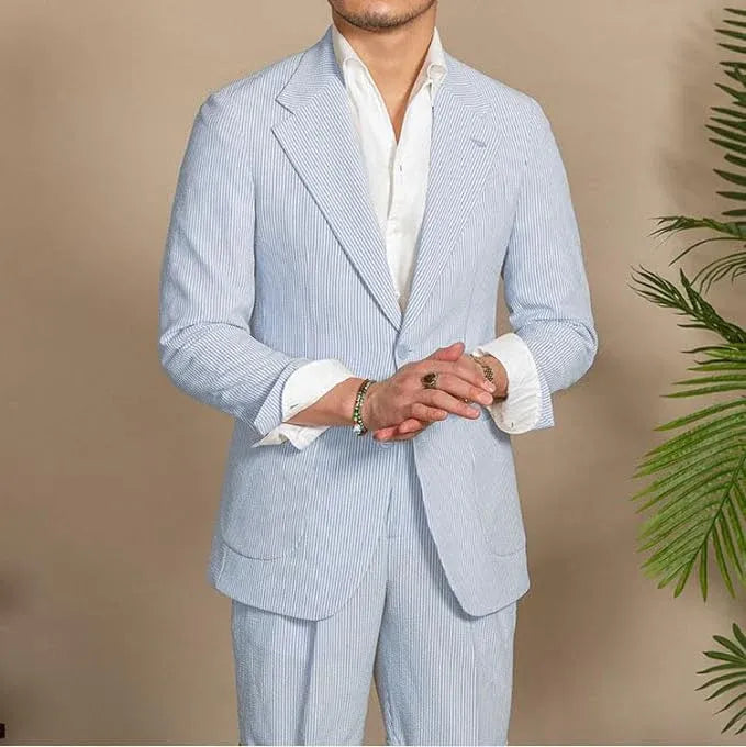 light blue striped men's seersucker summer suit – relaxed fit 2 piece warm weather look