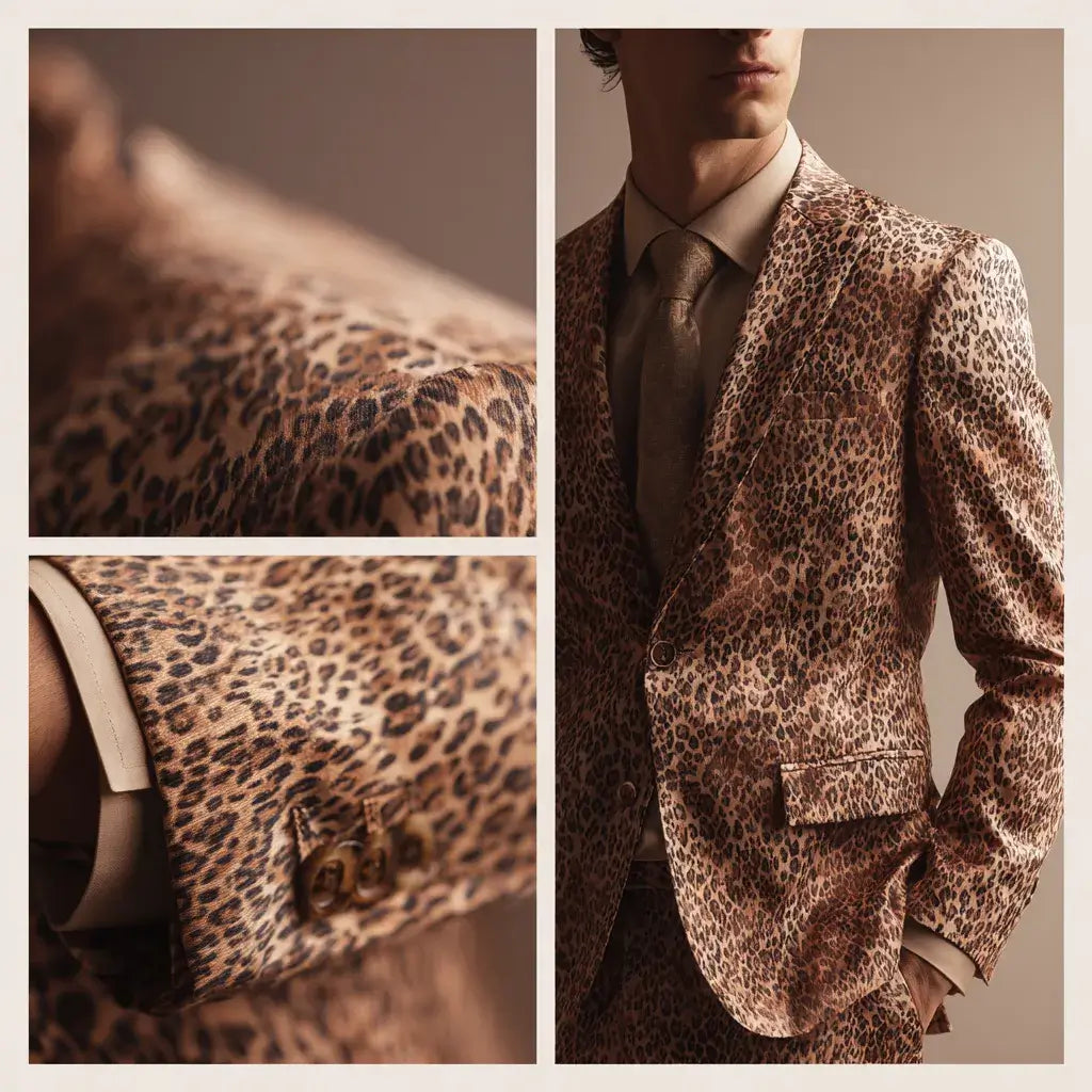 Luxury menswear editorial collage featuring a leopard print suit, with close-up views of the shoulders, sleeve cuff, and overall tailored fit.