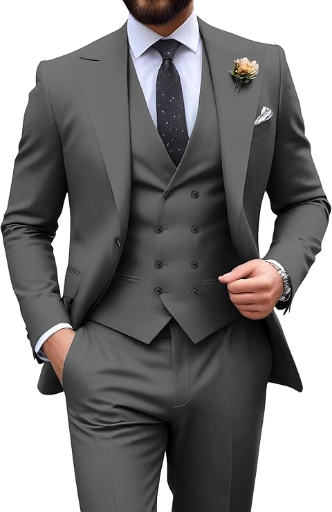 Men’s medium grey tuxedo set with tailored fit blazer, formal vest, and dress pants – ideal for casual weddings or prom