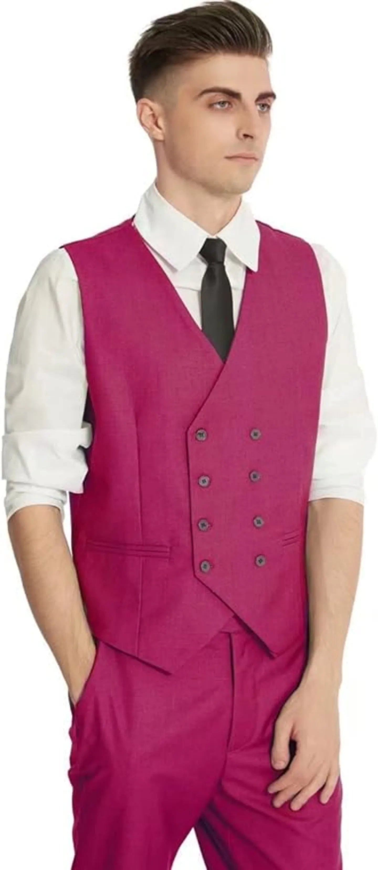 model wearing fuchsia slim fit vest and pants – formal double-breasted men’s 3 piece suit set for wedding or prom.