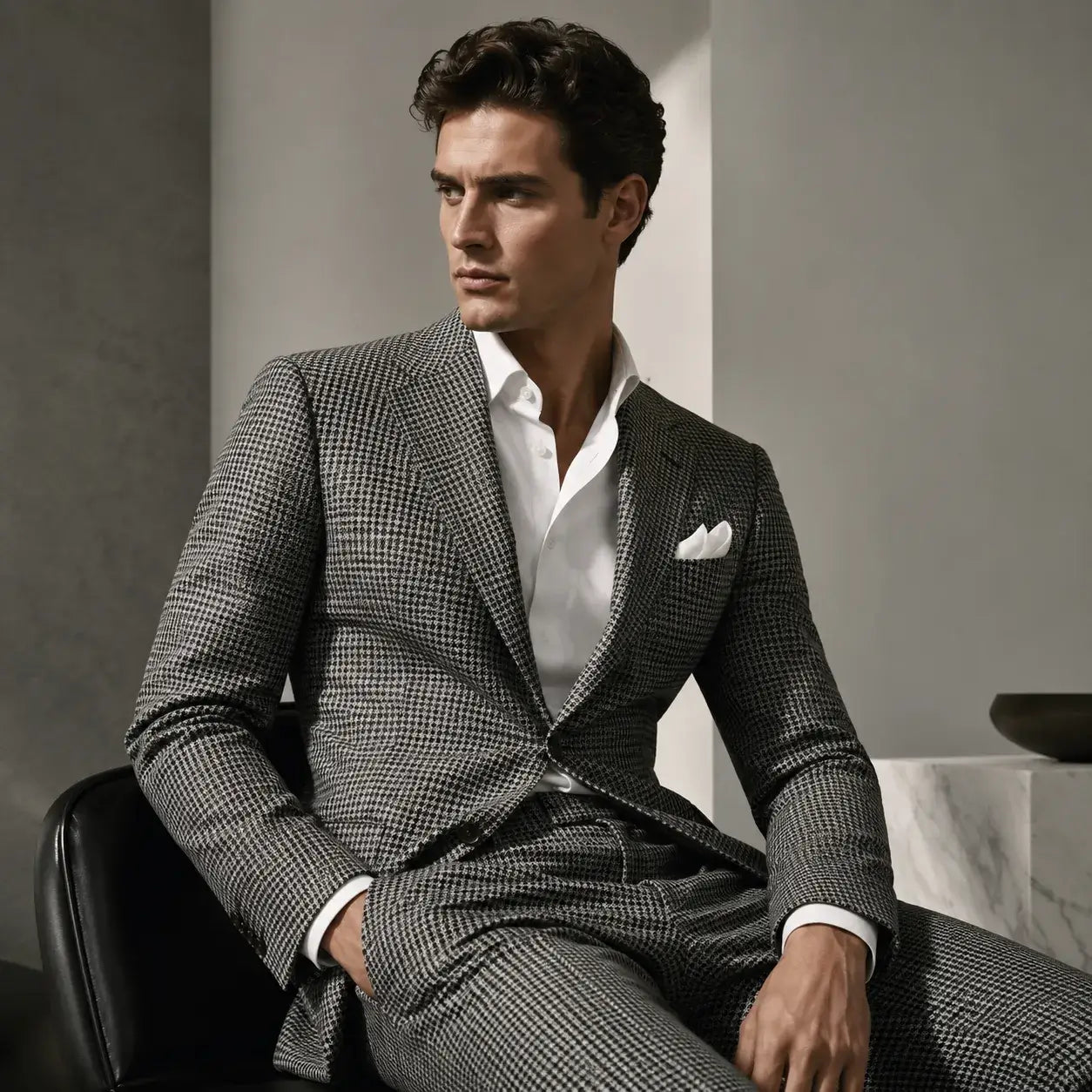 Male model wearing a tailored grey houndstooth suit in a luxury editorial setting.