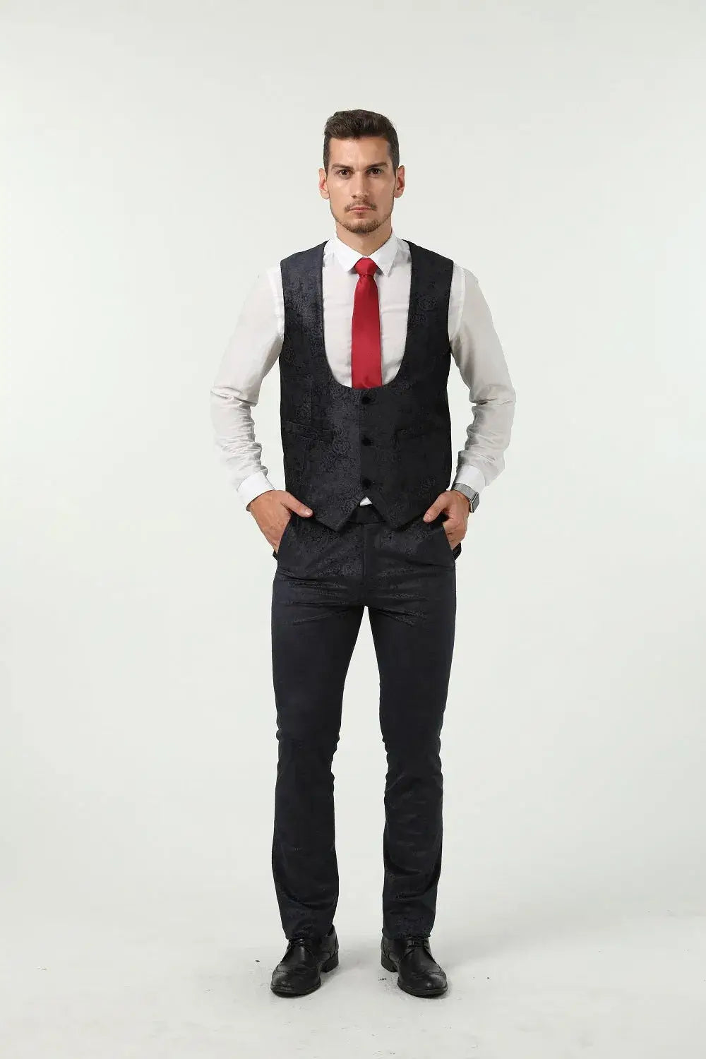 Men's navy velvet 3 piece suit – vest and trousers with red tie, no jacket