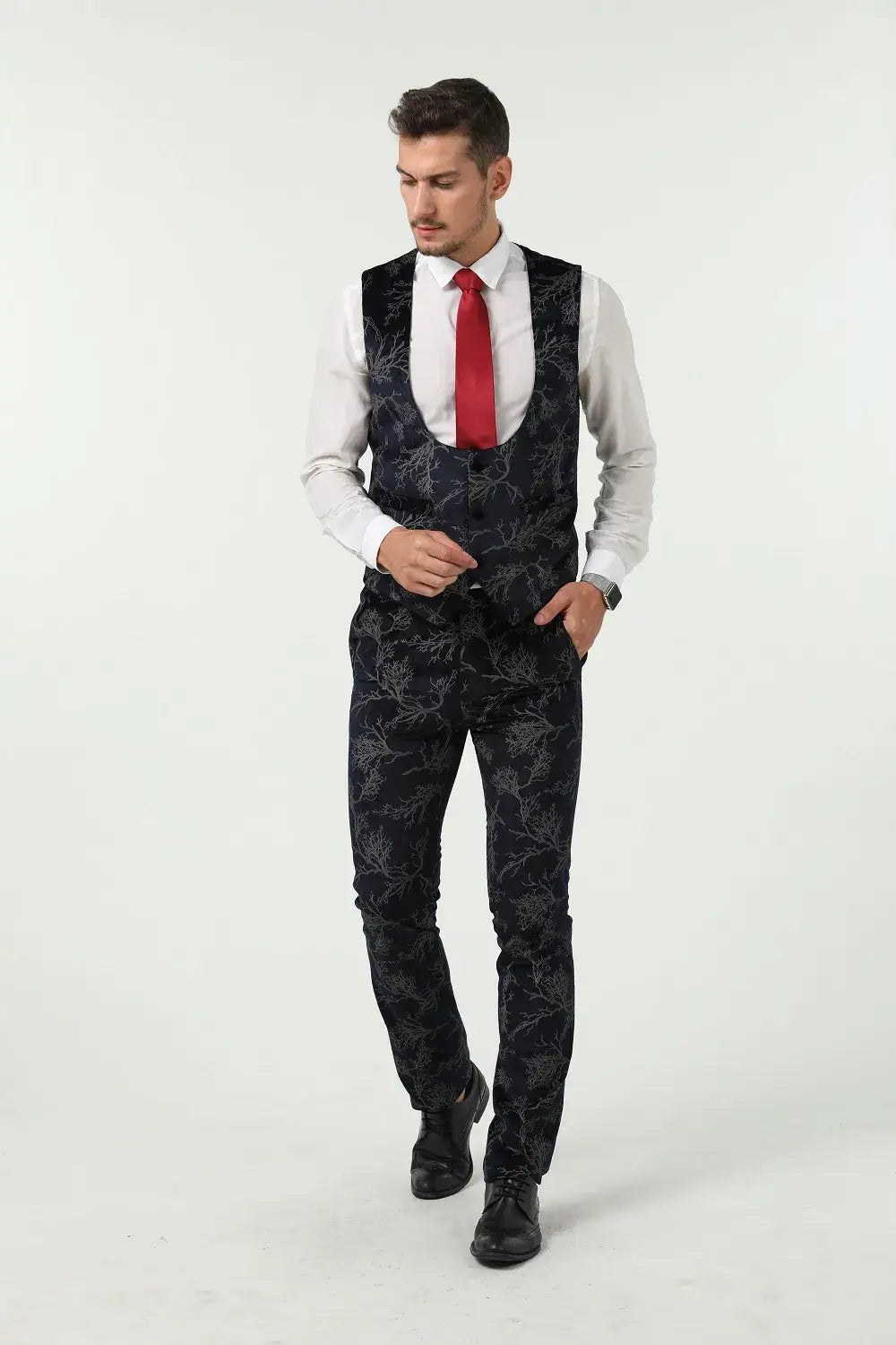 Men's navy velvet vest and trousers – silver tree branch pattern, walking pose