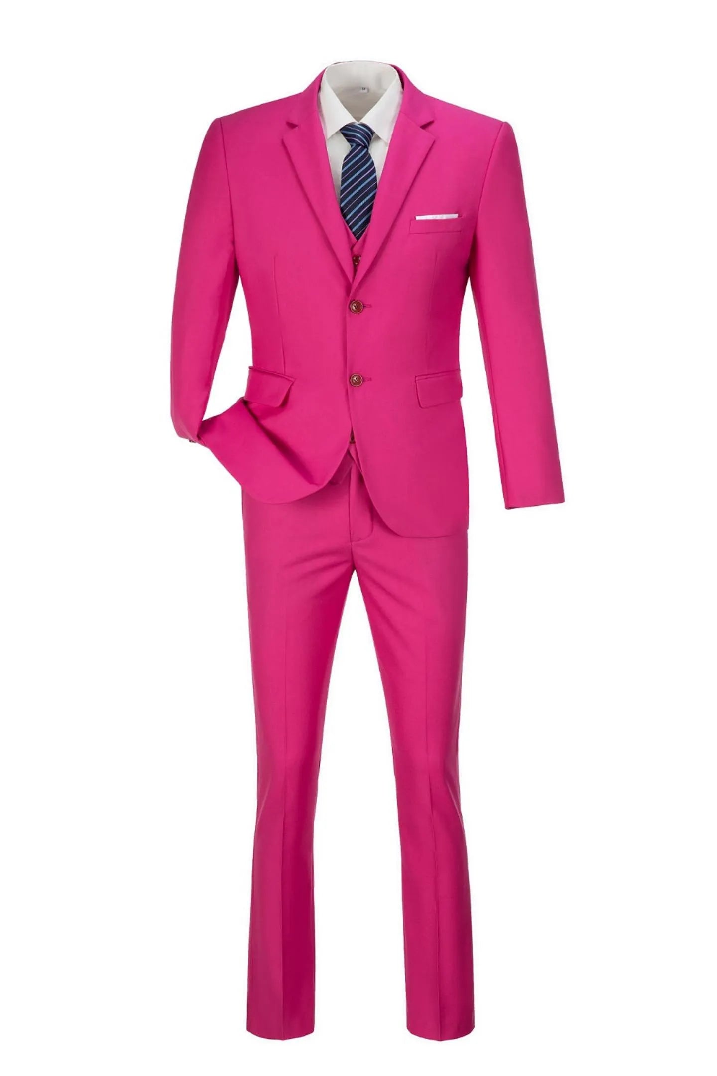 front view of men's rose red slim fit 3-piece suit – business outfit with jacket, vest, and trousers.