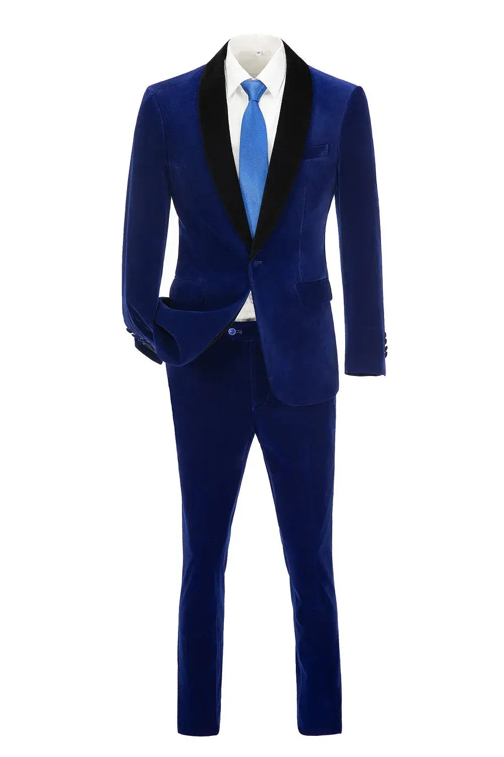 Men's royal blue velvet 2 piece suit with black lapel and light blue tie – stylish wedding or event wear