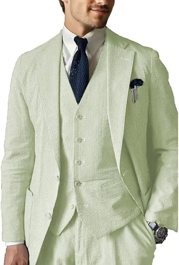 Men's sage green 3 piece seersucker wedding suit – summer blazer vest set