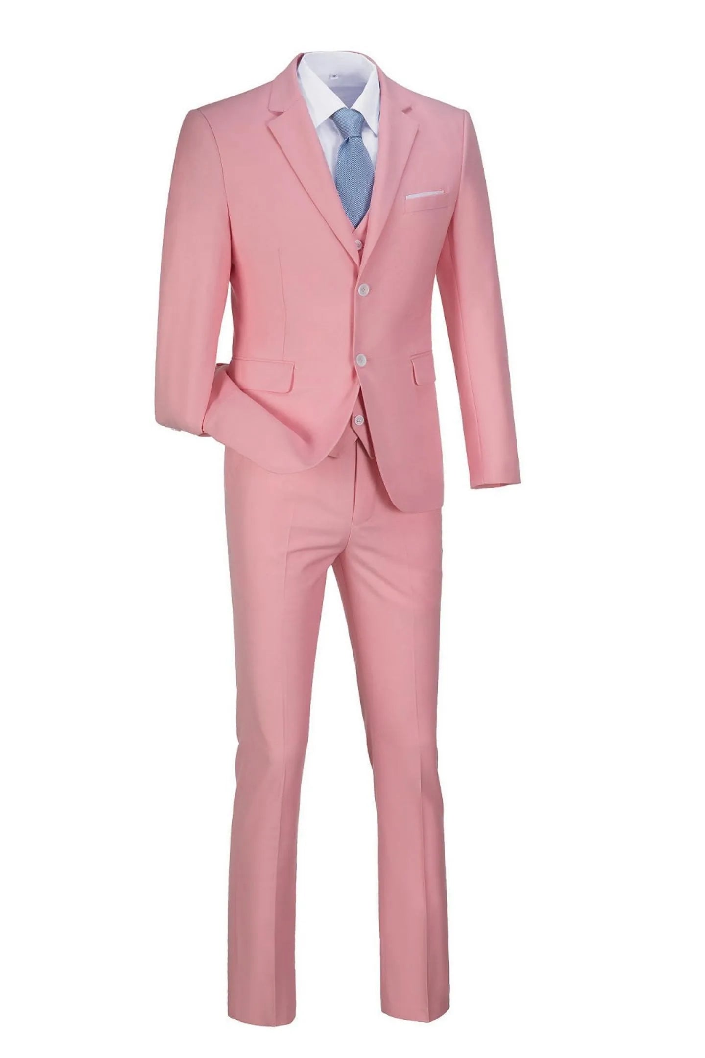 men's slim fit pink 3-piece suit – front view with a light blue tie, white shirt, and pants, perfect for formal events.
