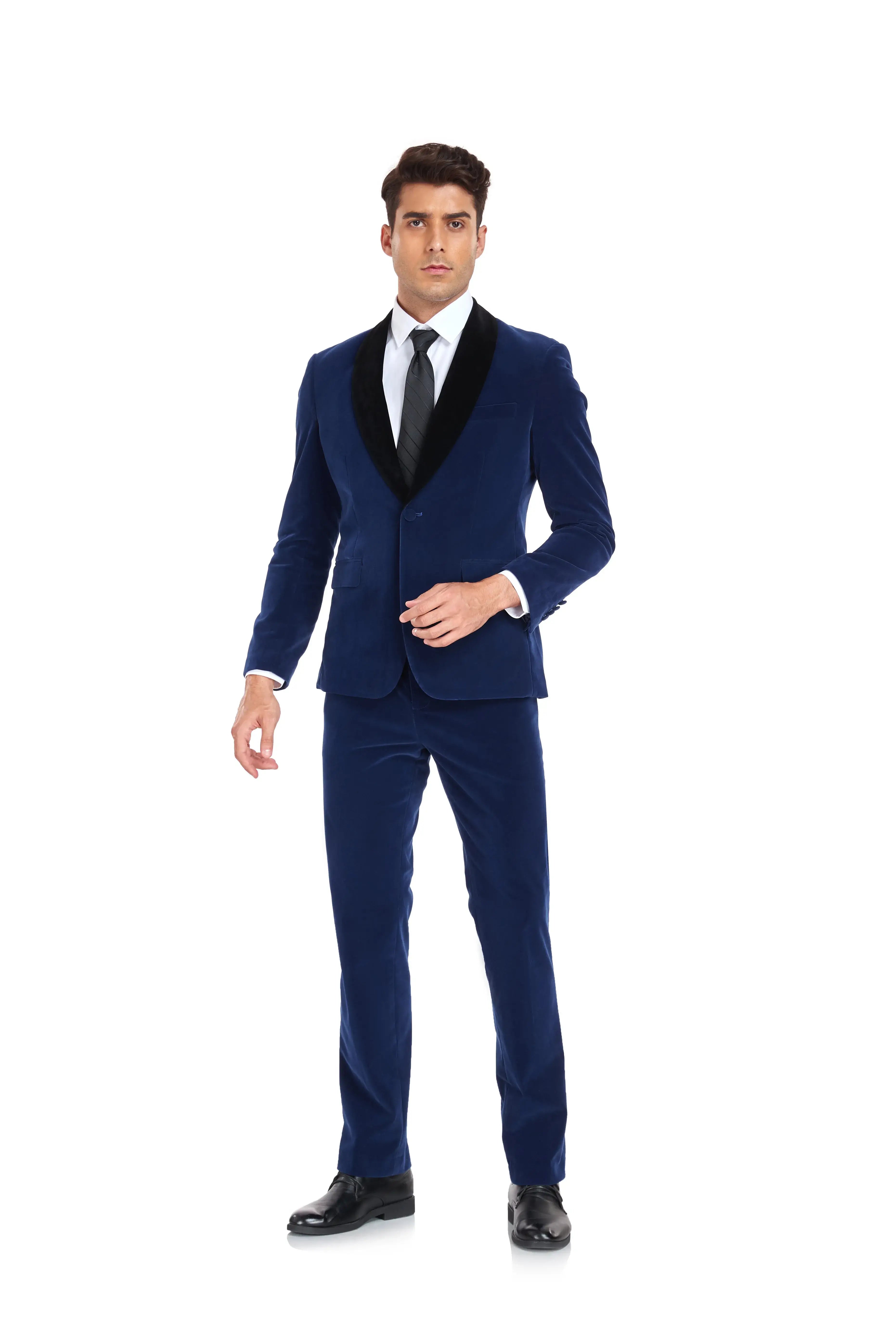 Men's slim fit royal blue velvet 3 piece suit – walking forward prom tuxedo attire