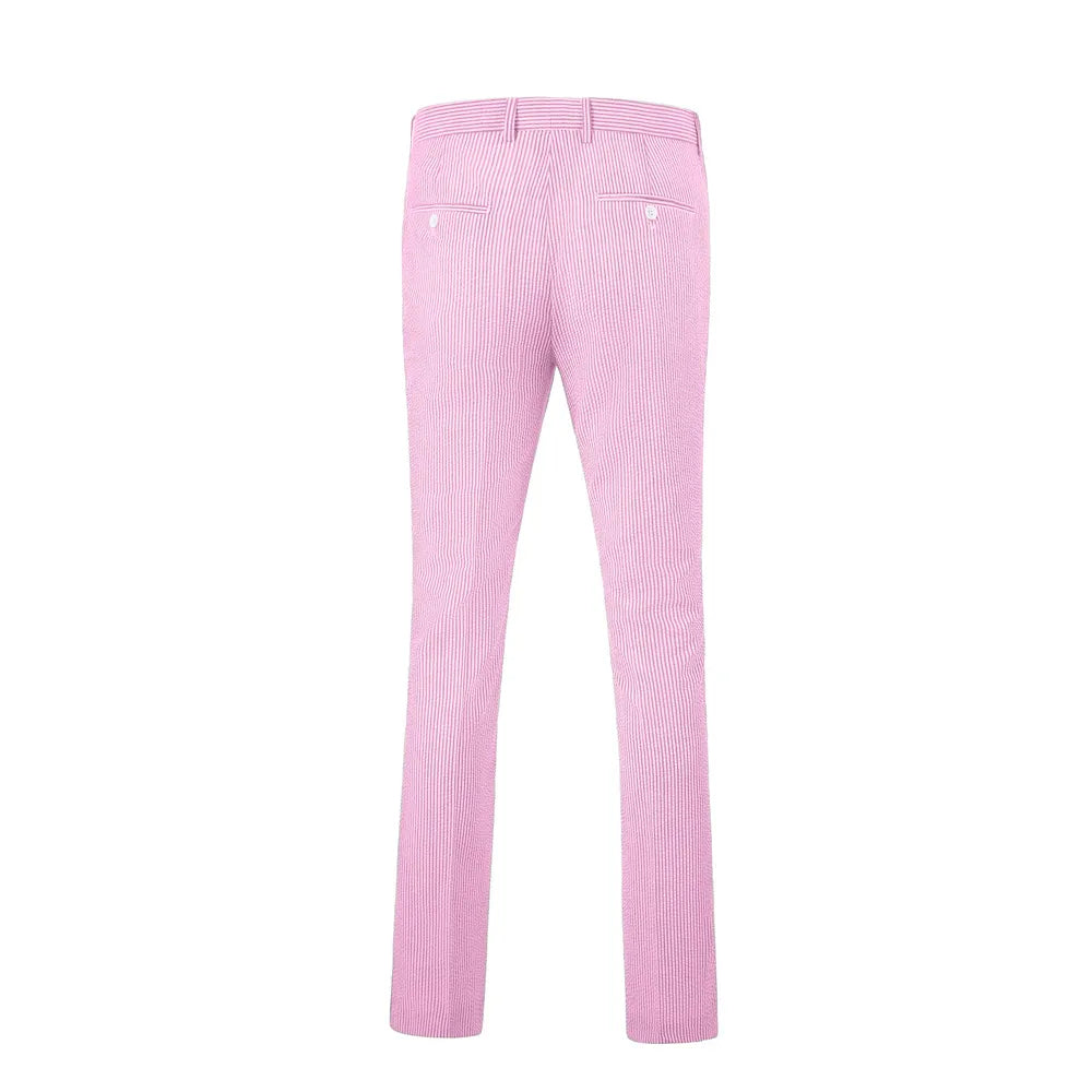 rear view of men's dark pink-white striped seersucker pants with stripe texture and buttoned back pockets for summer style