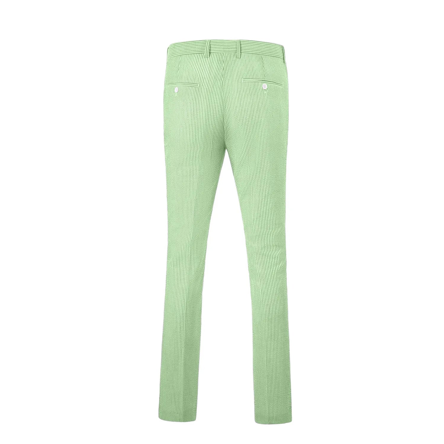 rear view of men's green-white striped seersucker pants with striped texture and buttoned back pockets for summer style