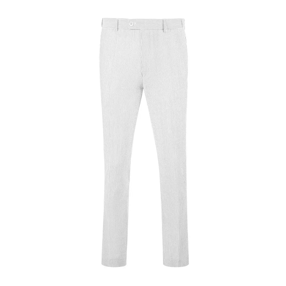 front view of men's ivory-white striped seersucker pants with breathable cotton fabric and expandable waist design
