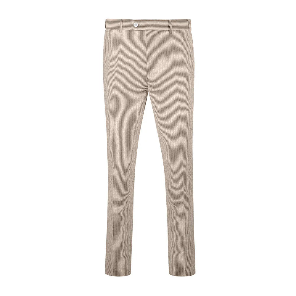 front view of men's khaki-white striped seersucker pants with breathable cotton fabric and expandable waist design