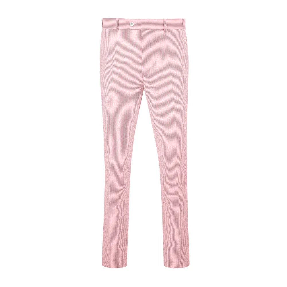 front view of men's pink-white striped seersucker pants with breathable cotton texture and expandable waist design