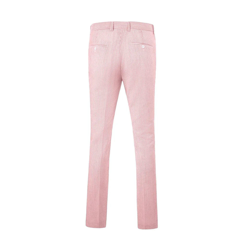 rear view of men's pink-white striped seersucker pants with striped texture and buttoned back pockets for warm weather
