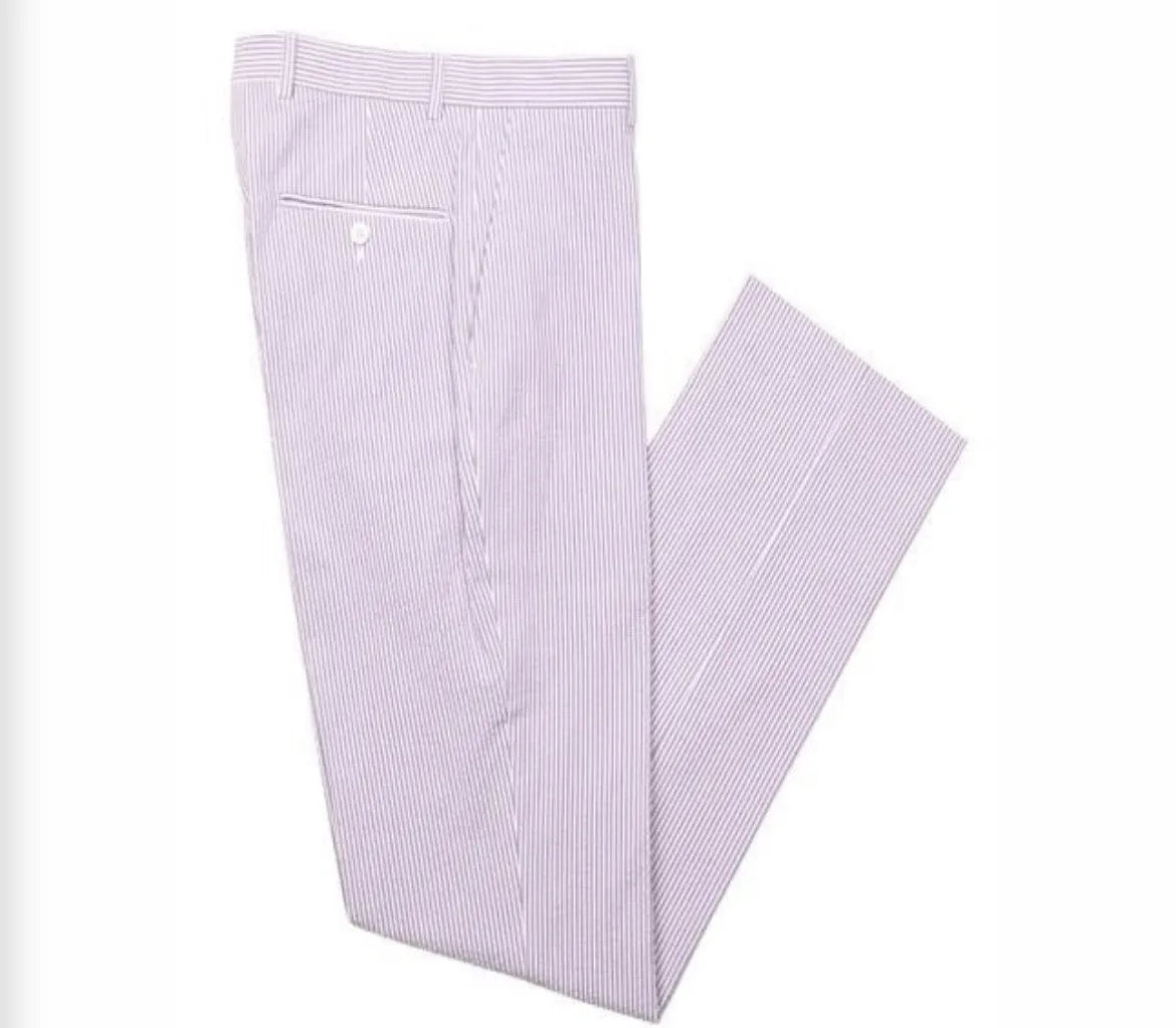 angled view of men's purple-white striped seersucker pants with soft cotton texture and tailored summer fit
