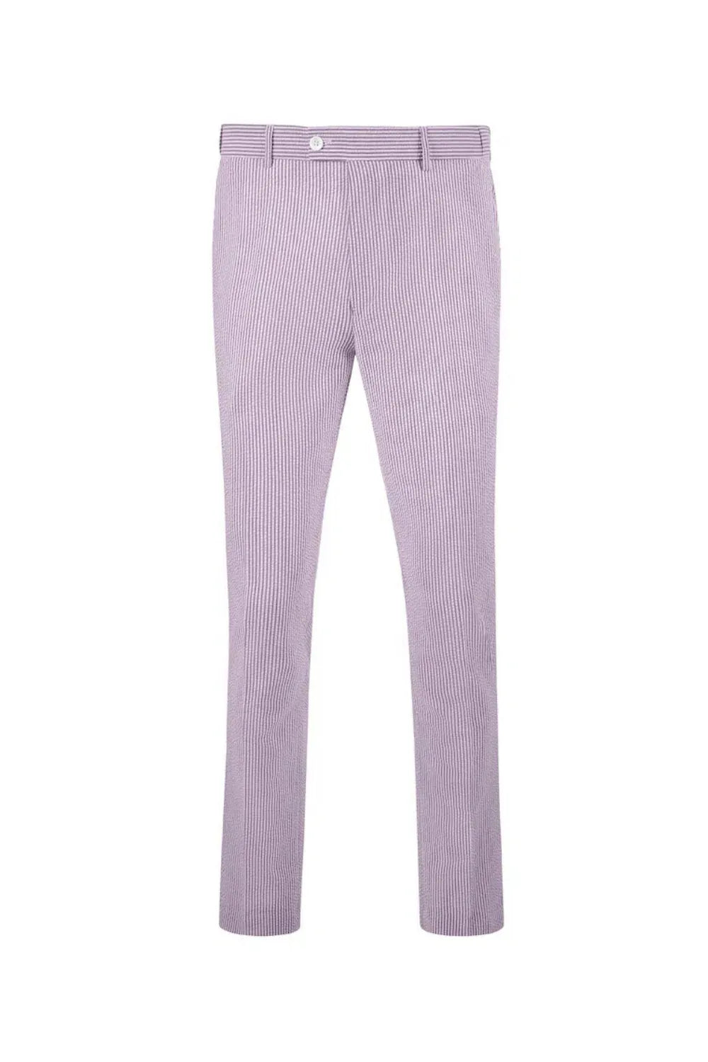 front view of men's purple-white striped seersucker pants with breathable cotton texture and expandable waist comfort