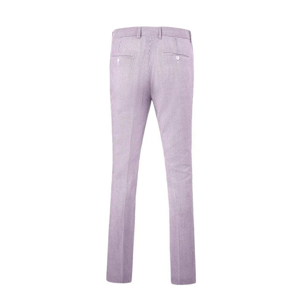 rear view of men's purple-white striped seersucker pants with striped cotton texture and buttoned back pockets