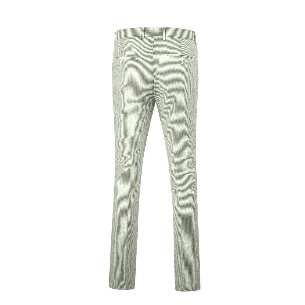 rear view of men's sage green-white striped seersucker pants with stripe texture and buttoned back pockets for warm climates