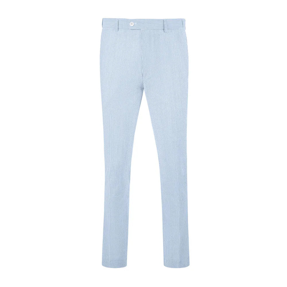 front view of men's sky blue-white striped seersucker pants with breathable cotton fabric and expandable waist comfort