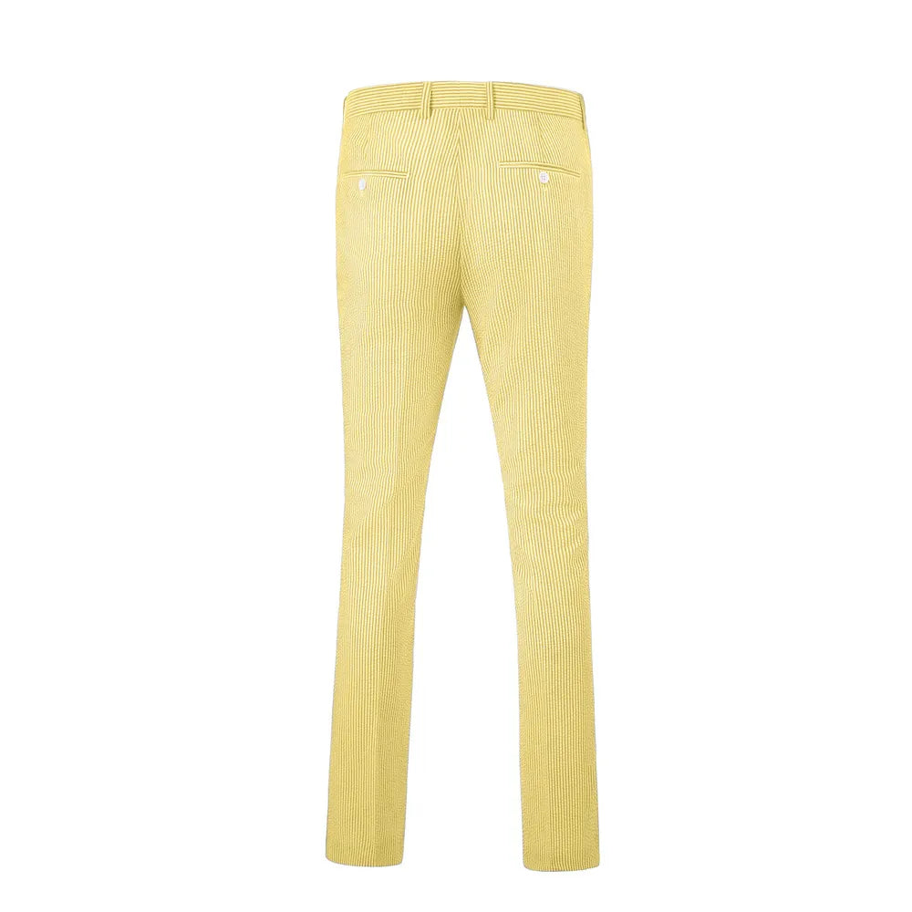 rear view of men's yellow-white striped seersucker pants with stripe texture and buttoned back pockets for summer wear