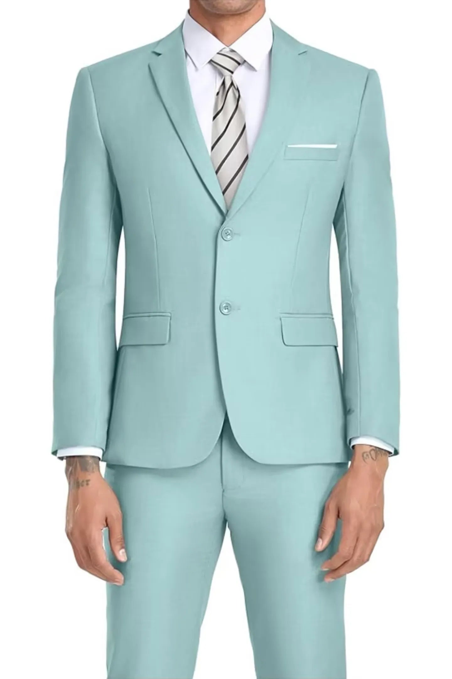 mint green slim fit men's suit with a striped tie, a formal two-piece set perfect for weddings, proms, or other special formal events.