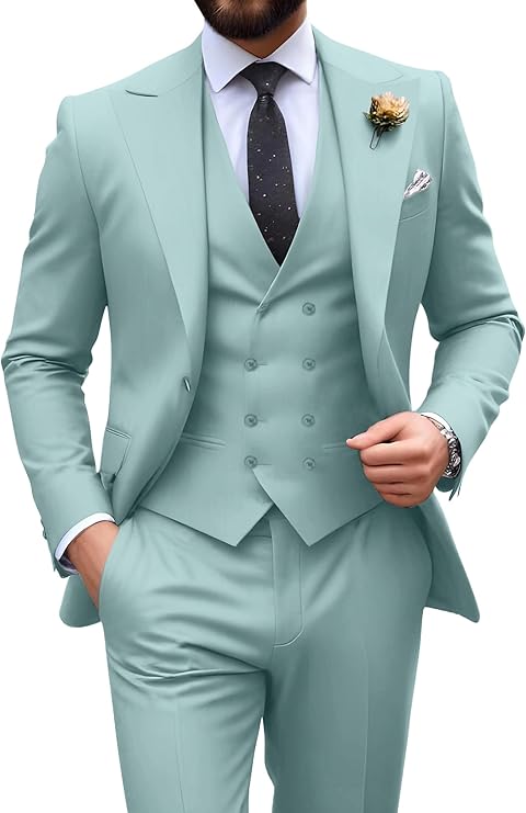 Men’s mint green tuxedo set with tailored fit blazer, formal vest, and dress pants – ideal for casual weddings or prom