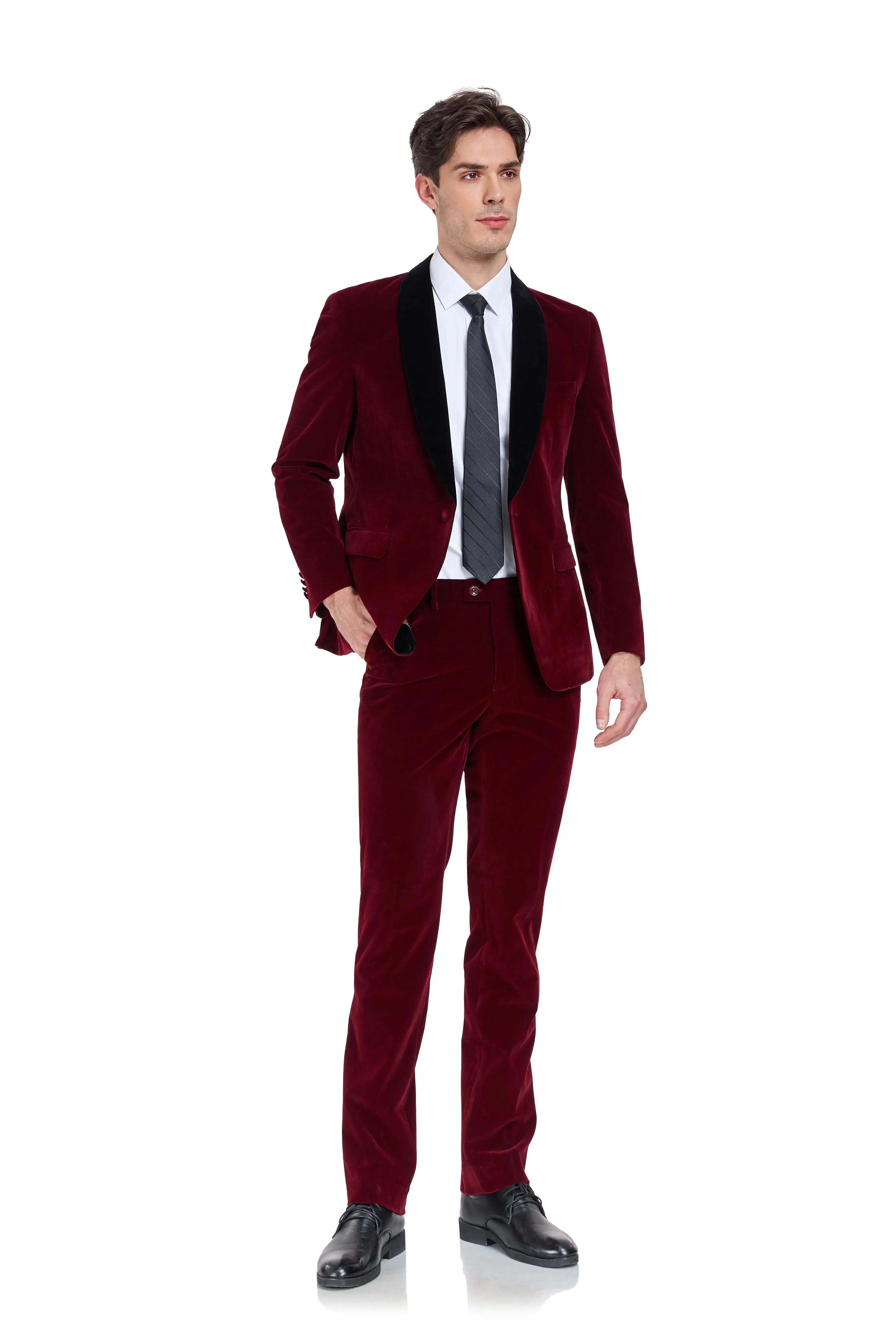 Modern burgundy velvet suit for men – slim fit 3 piece wedding attire with hands in pocket