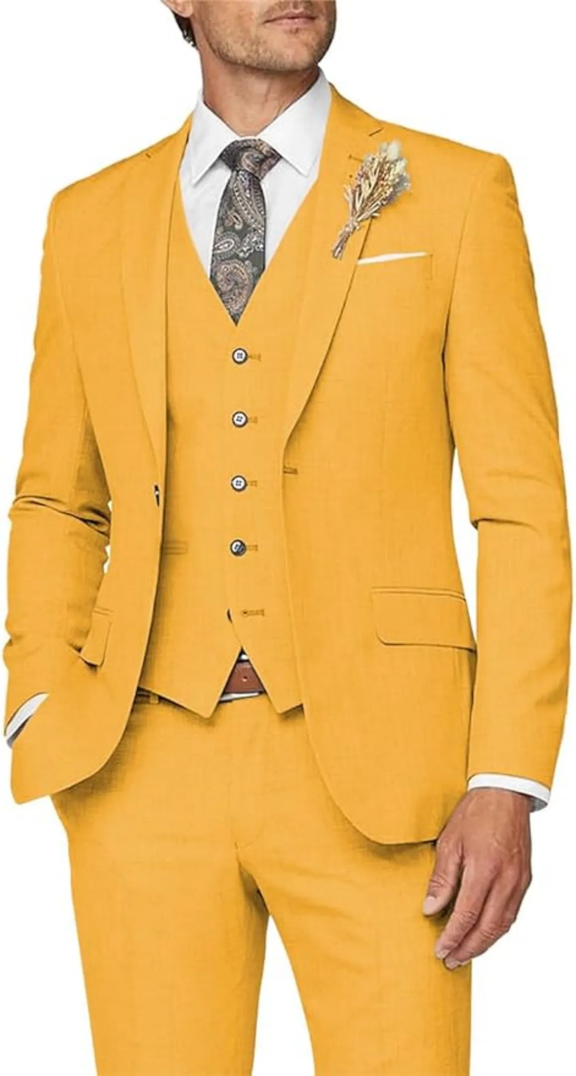 formal business wedding groom prom party 3 piece men's suit - mustard yellow slim fit with paisley tie & floral lapel pin